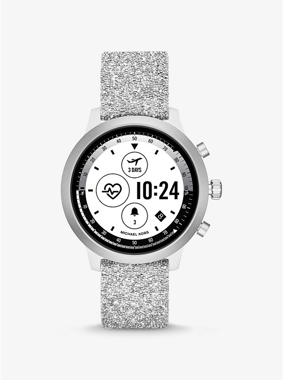 Каталог Michael Kors Access MKGO Silver-Tone Embellished Silicone Smartwatch от магазина Michael Kors