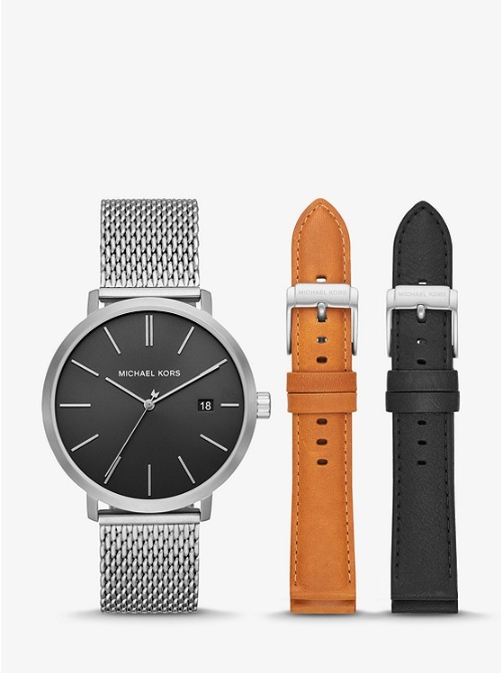 Каталог Oversized Blake Silver-Tone Mesh and Leather Interchangeable Watch Set от магазина Michael Kors