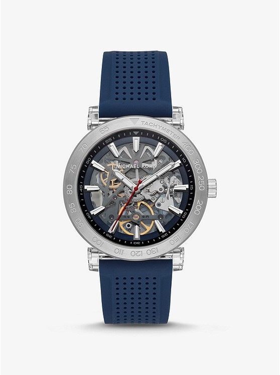 Каталог Oversized Greer Silver-Tone and Perforated Silicone Watch от магазина Michael Kors
