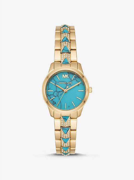 Каталог Petite Runway Mercer Pavé Gold-Tone and Turquoise Watch от магазина Michael Kors